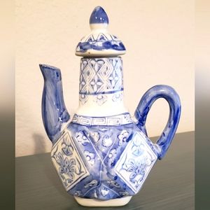 Vintage Blue & White Ceramic Hexagon Handpainted Chinoisere Teapot